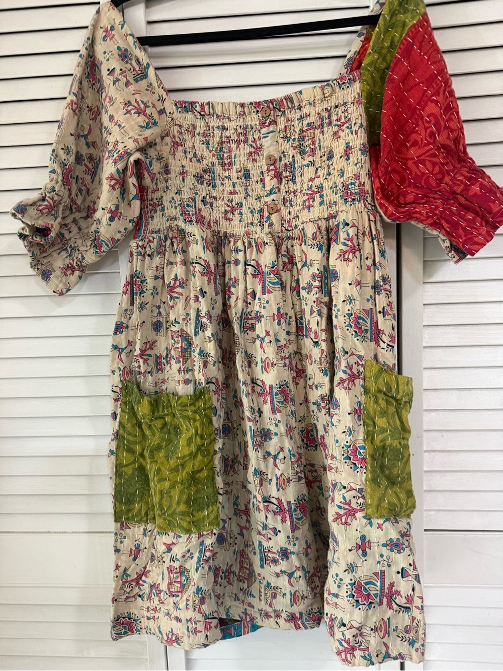 Kantha Romper 100% cotton Patch Pocket Off Shoulder in Cream with Red & Green